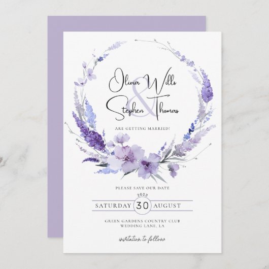 ラベンダー薄紫パープルフローラボホデートを保存 招待状 (正面/裏面)