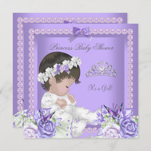 ラベンダー薄紫パールグレーベビーシャワーガールC 招待状 (正面/裏面)