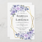 ラベンダー薄紫フローラ金ゴールドフレームエレガントな結婚式 招待状 (正面/裏面)