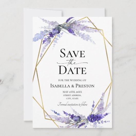 ラベンダー薄紫モーヴェフローラ結婚式の日付を保存 招待状 (正面)