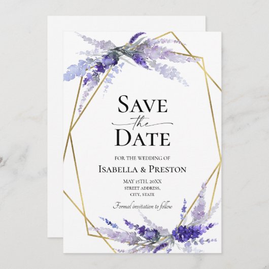 ラベンダー薄紫モーヴェフローラ結婚式の日付を保存 招待状 (正面/裏面)