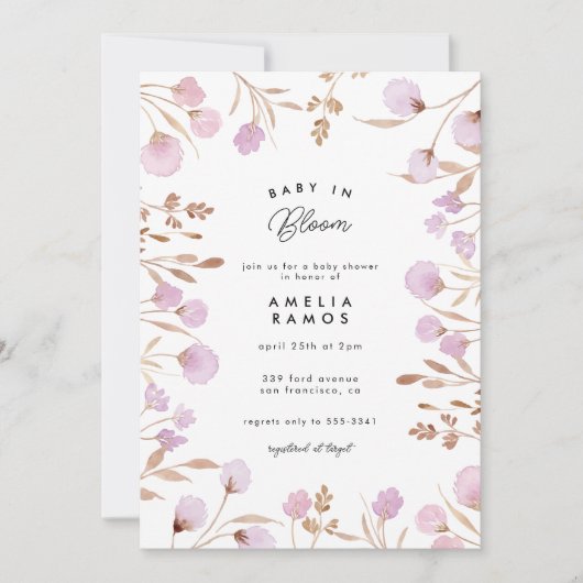 ラベンダー薄紫水彩花赤ちゃんシャワー 招待状 (正面)