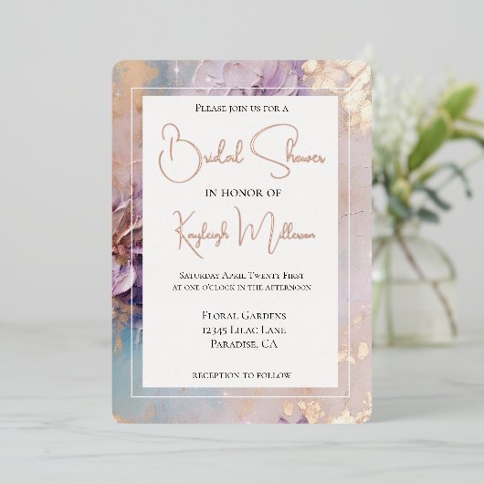 ラベンダー薄紫金ゴールドアクアフローラブライダルシャワー 箔招待状 (立ち正面)