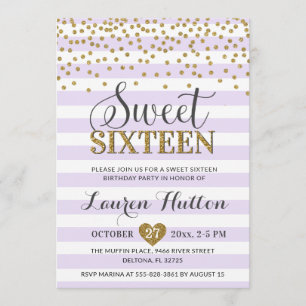 ラベンダー薄紫金ゴールドSweet sixteenパーティー誕生日 招待状