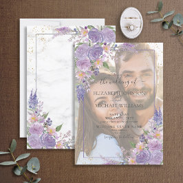 ラベンダー薄紫金ゴールドVellum Overlay Photo 結婚's 招待状