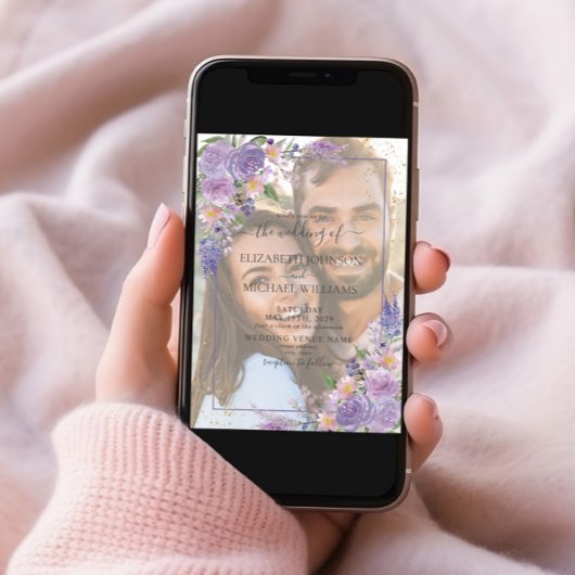 ラベンダー薄紫金ゴールドVellum Overlay Photo 結婚's 招待状