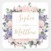 ラベンダー赤面パープルフローラ金ゴールド結婚式の引き出物 スクエアシール (正面)