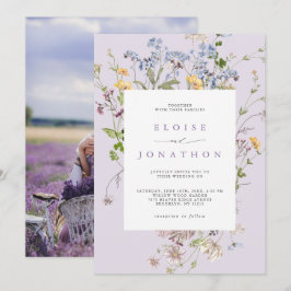 ラベンダー野の花の草原の庭の写真の結婚式   招待状