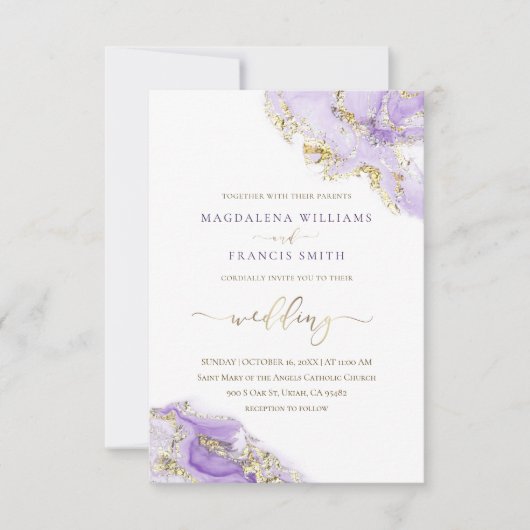 ラベンダー金ゴールドインク流体大理石結婚式招待状 招待状 (正面)