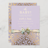 ラベンダー金ゴールドクリームグラムヒョウ印刷ベビーシャワー 招待状 (正面/裏面)