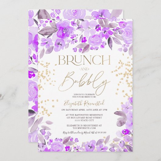ラベンダー金ゴールドグリッターフローラシックブライダルシャワー 招待状 (正面/裏面)