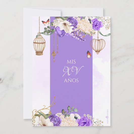 ラベンダー金ゴールドバタフライフローラエレガントキンセニェラ 招待状 (裏面)