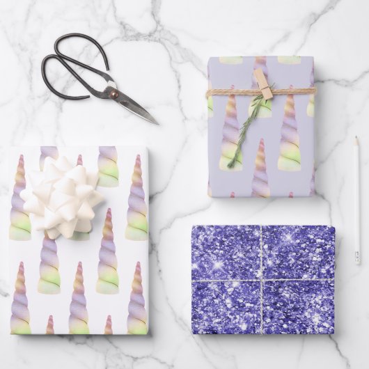 ラベンダー金ゴールドピンクパープルライムユニコーン誕生日 ラッピングペーパーシート (正面)