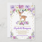 ラベンダー金ゴールドフローラウッドランドディアベビーシャワー 招待状 (正面)