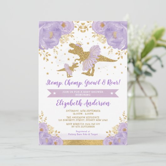 ラベンダー金ゴールドフローラ恐竜ガールベビーシャワー 招待状 (スタンド正面)