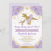 ラベンダー金ゴールドフローラ恐竜ガールベビーシャワー 招待状 (正面/裏面)