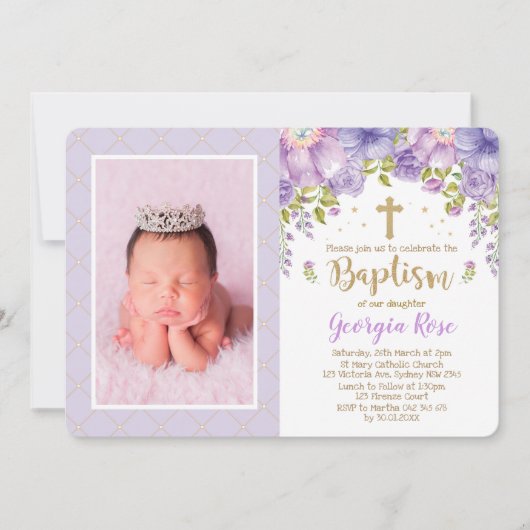 ラベンダー金ゴールドフローラ/ガールバプテスマ《キリスト教》洗礼式や命名式 招待状 (正面)