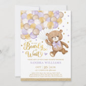 ラベンダー金ゴールドブラウンテディベアーガールベイビーシャワー 招待状 (正面)