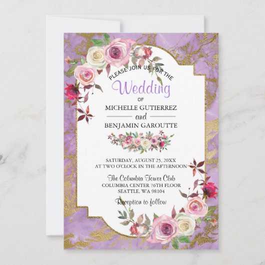 ラベンダー金ゴールド大理石フローラ結婚式招待状 招待状 (正面)