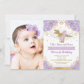 ラベンダー金ゴールド恐竜Tレックスガール誕生日写真 招待状 (正面)