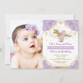 ラベンダー金ゴールド恐竜Tレックスガール誕生日写真 招待状