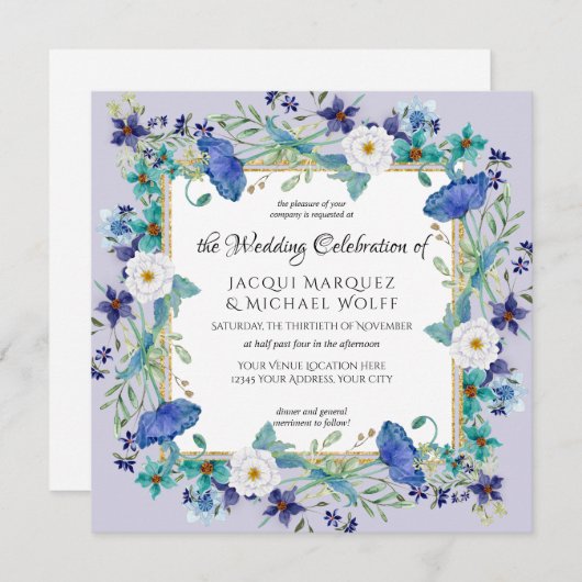 ラベンダー金ゴールド水色ポピーフローラ結婚ズ 招待状 (正面/裏面)