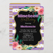 ラベンダー金ゴールド牡丹ガール19thバースデーパーティー 招待状 (正面/裏面)