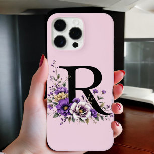 ラベンダー開花モノグラムの:イニシャル'R' iPhone 16 PRO MAXケース