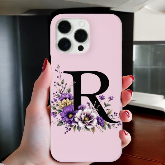 ラベンダー開花モノグラムの:イニシャル'R' Case-Mate iPhoneケース
