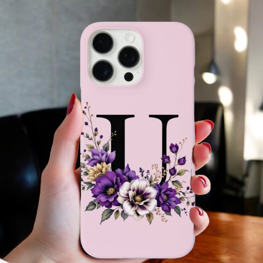 ラベンダー開花モノグラムの:イニシャル'U' Case-Mate iPhoneケース