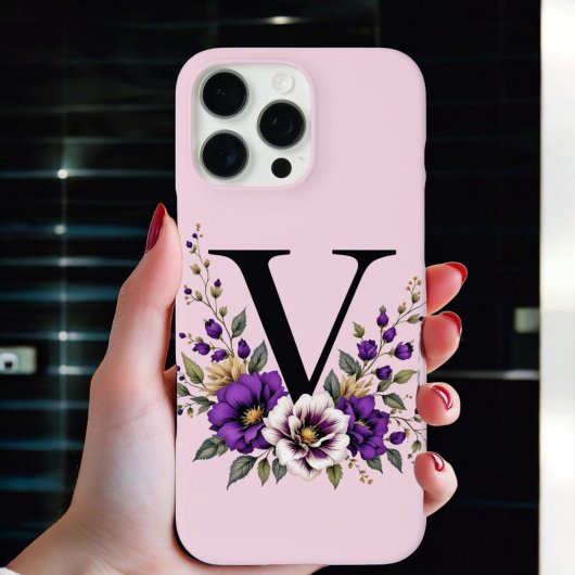 ラベンダー開花モノグラムの:イニシャル'V' Case-Mate iPhoneケース