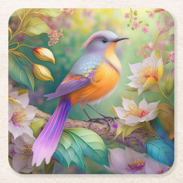 ラベンダー頭のオレンジ胸の幻想の鳥 スクエアペーパーコースター