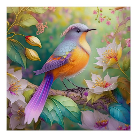 ラベンダー頭のオレンジ胸の幻想の鳥 ポスター (正面)