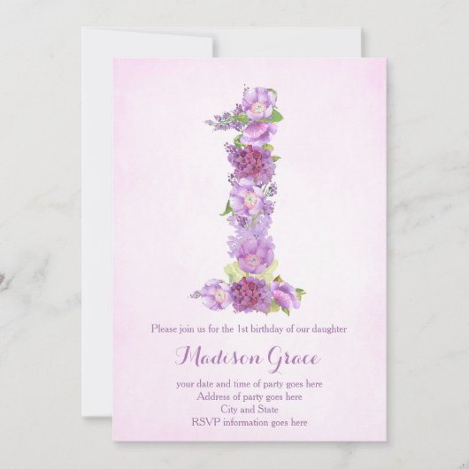 ラベンダー1歳の誕生日招待状、1歳の誕生日 招待状 (正面)