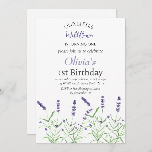ラベンダー1st第1誕生日ガールパープルフローラ 招待状 (正面/裏面)