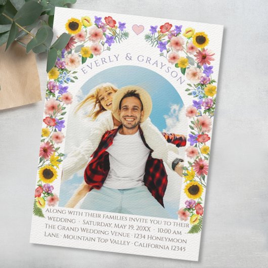 ラベンダー&イエローエレガンス写真アーチワイルドフラワー 招待状