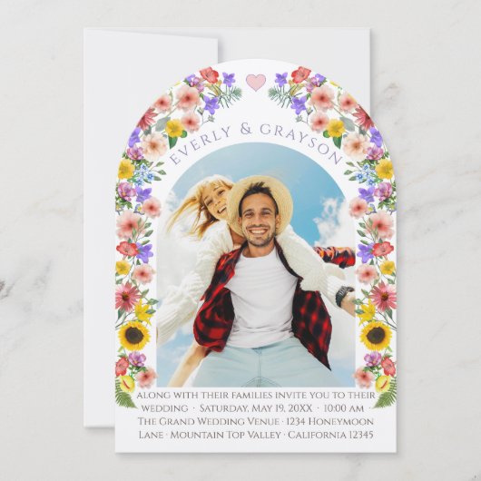 ラベンダー&イエローエレガンス写真アーチワイルドフラワー 招待状 (正面)