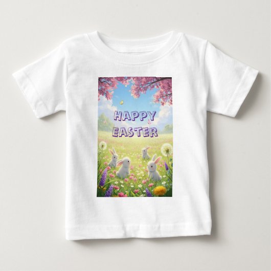 ラベンダー イースター かわいい 白いウサギ 花 春 ベビーTシャツ (正面)
