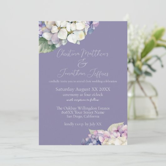 ラベンダー ウェディングの紫と白のハイドランジア 招待状 (スタンド正面)