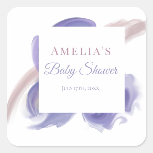 ラベンダー・ウォーターカラー・アブストラクト・スクエア・ステッカー スクエアシール (正面)