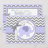 ラベンダー エレファント バード シェブロン プリント ベビーシャワー 招待状 (正面/裏面)