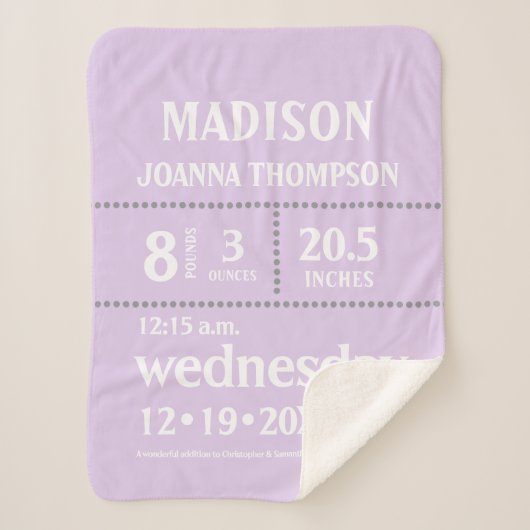 ラベンダー·キュートベビー誕生統計発表 シェルパブランケット (正面)