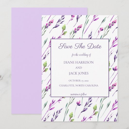 ラベンダー＆グリーンの水彩画でおしゃれな結婚式のSave the Date 招待状 (正面/裏面)