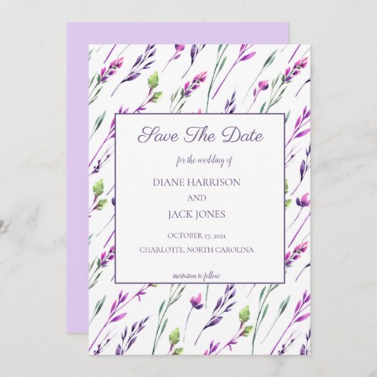 ラベンダー&グリーンの水彩画でおめでたい結婚のご案内 招待状 (正面/裏面)