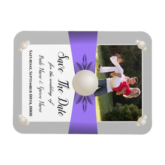 ラベンダー&グレーパールリボン写真の日付を保存 マグネット (横)