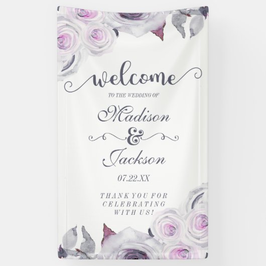 ラベンダー&グレーフローラリース結婚ズ・ウェルカム 横断幕 (縦)