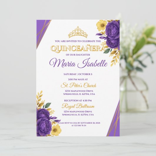 ラベンダー&ゴールドのキンセアニエラ招待状 招待状 (スタンド正面)