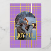 ラベンダー＆ゴールドのギンガムクリスマスホリデー写真 箔シーズンカード (正面)