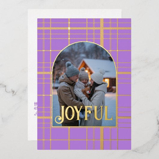 ラベンダー＆ゴールドのギンガムクリスマスホリデー写真 箔シーズンカード (正面/裏面)