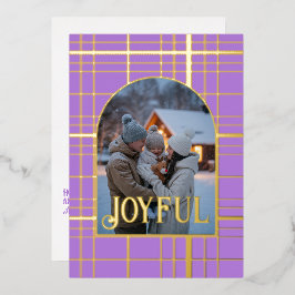 ラベンダー＆ゴールドのギンガムチェックのクリスマスホリデーフォト 箔シーズンカード